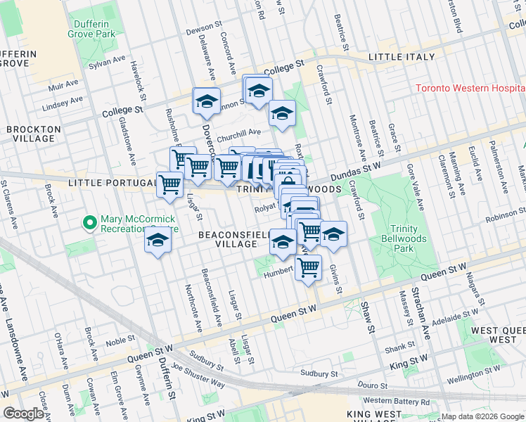 map of restaurants, bars, coffee shops, grocery stores, and more near 41 Rolyat Street in Toronto