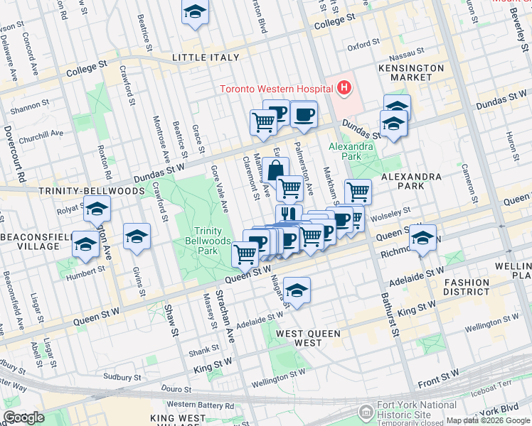 map of restaurants, bars, coffee shops, grocery stores, and more near 80 Manning Avenue in Toronto