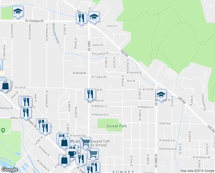 map of restaurants, bars, coffee shops, grocery stores, and more near 3161 North 33rd Street in Boise