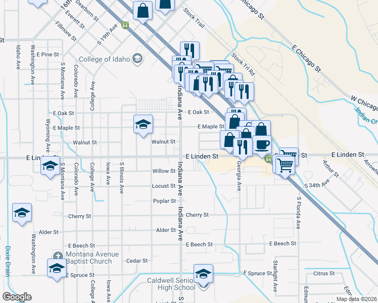 map of restaurants, bars, coffee shops, grocery stores, and more near 2439 South Indiana Avenue in Caldwell