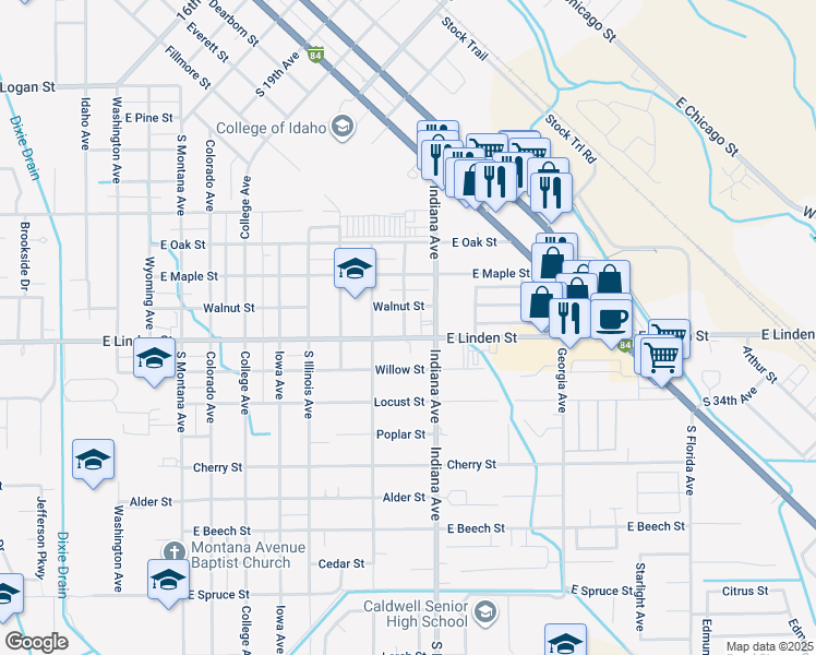 map of restaurants, bars, coffee shops, grocery stores, and more near 1917 East Linden Street in Caldwell