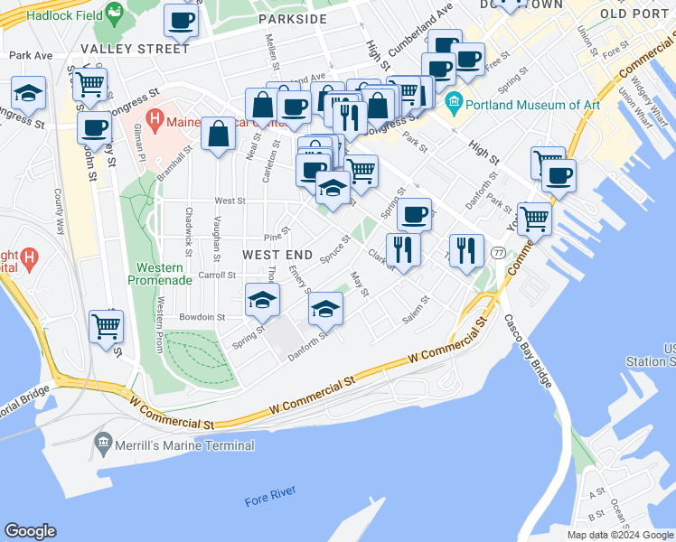 map of restaurants, bars, coffee shops, grocery stores, and more near 271 Spring Street in Portland