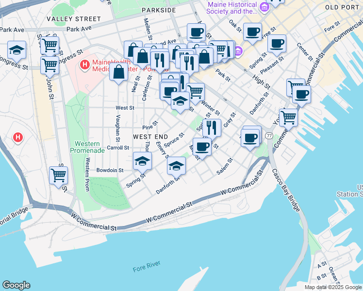 map of restaurants, bars, coffee shops, grocery stores, and more near 271 Spring Street in Portland
