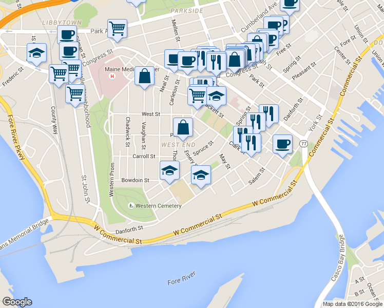 map of restaurants, bars, coffee shops, grocery stores, and more near 83 Spruce Street in Portland