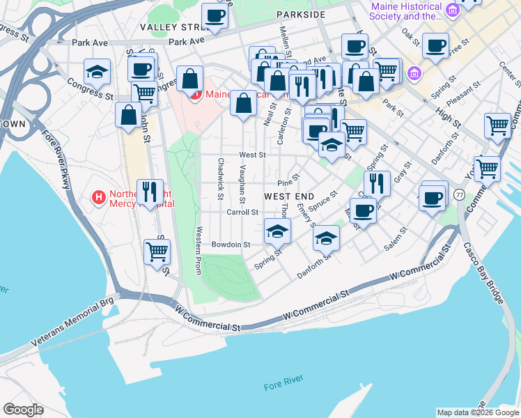 map of restaurants, bars, coffee shops, grocery stores, and more near 52 Neal Street in Portland