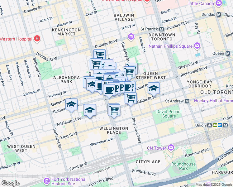 map of restaurants, bars, coffee shops, grocery stores, and more near 393-401 Richmond Street West in Toronto