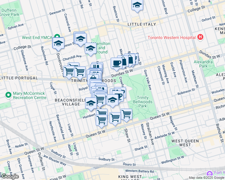map of restaurants, bars, coffee shops, grocery stores, and more near 243 Shaw Street in Toronto