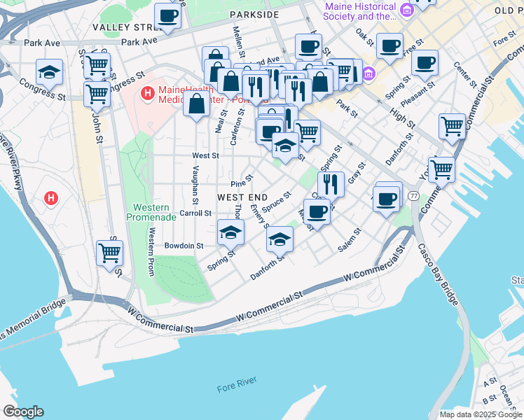 map of restaurants, bars, coffee shops, grocery stores, and more near 83 Spruce Street in Portland