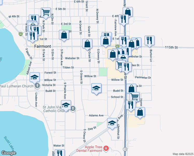 map of restaurants, bars, coffee shops, grocery stores, and more near 722 Willow Street in Fairmont