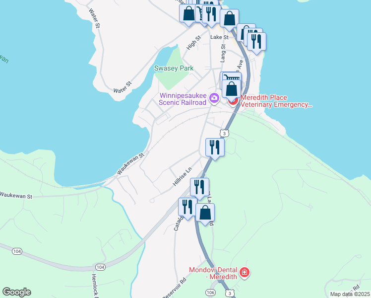 map of restaurants, bars, coffee shops, grocery stores, and more near 7 Massachusetts Avenue in Meredith