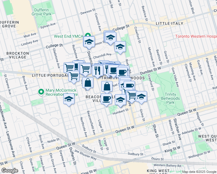 map of restaurants, bars, coffee shops, grocery stores, and more near Grove Avenue in Toronto