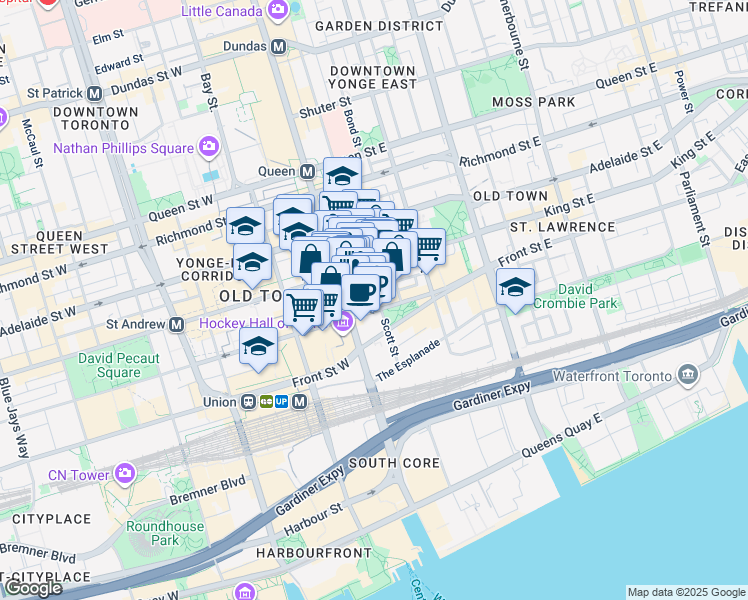 map of restaurants, bars, coffee shops, grocery stores, and more near 88 Scott Street in Toronto