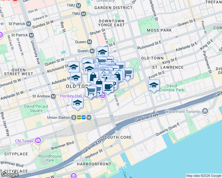 map of restaurants, bars, coffee shops, grocery stores, and more near in Toronto