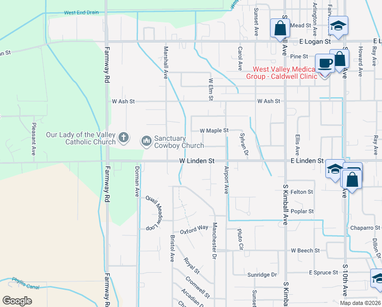 map of restaurants, bars, coffee shops, grocery stores, and more near 2324 Wood Springs Avenue in Caldwell