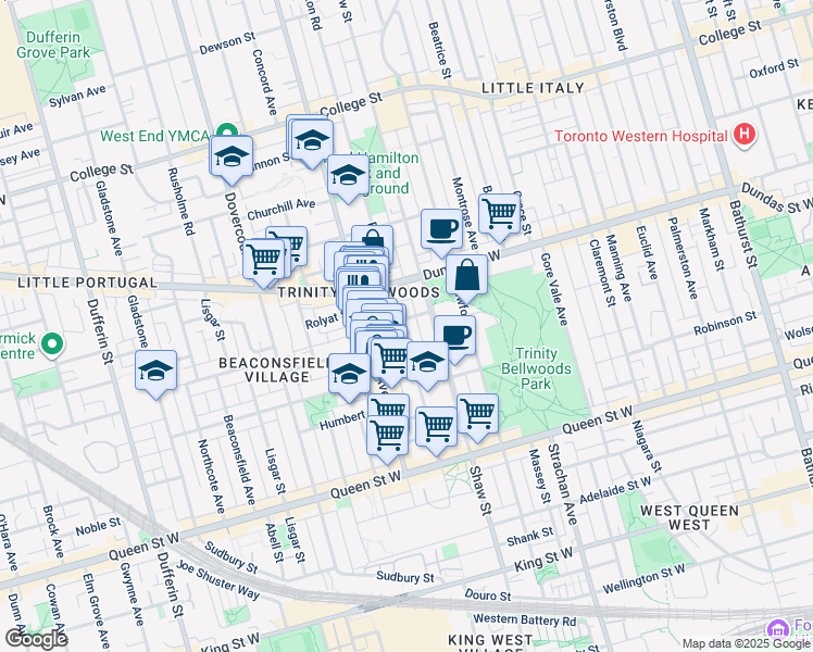 map of restaurants, bars, coffee shops, grocery stores, and more near 127 Givins Street in Toronto
