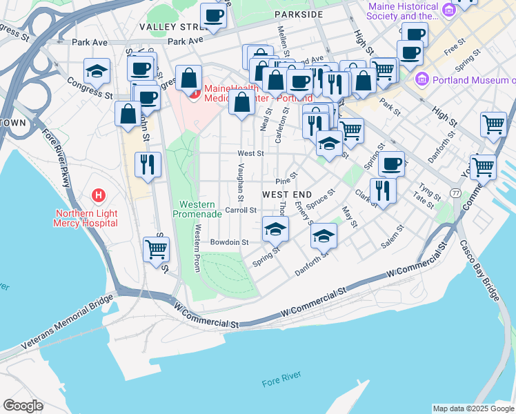 map of restaurants, bars, coffee shops, grocery stores, and more near 52 Neal Street in Portland