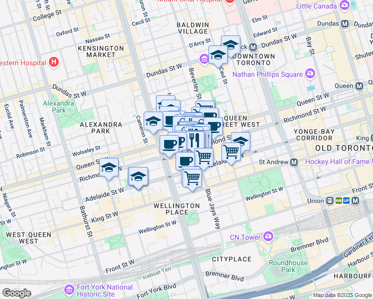 map of restaurants, bars, coffee shops, grocery stores, and more near 134 Peter Street in Toronto