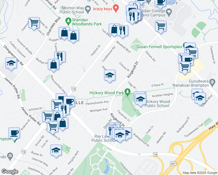map of restaurants, bars, coffee shops, grocery stores, and more near 121 Creditstone Road in Brampton