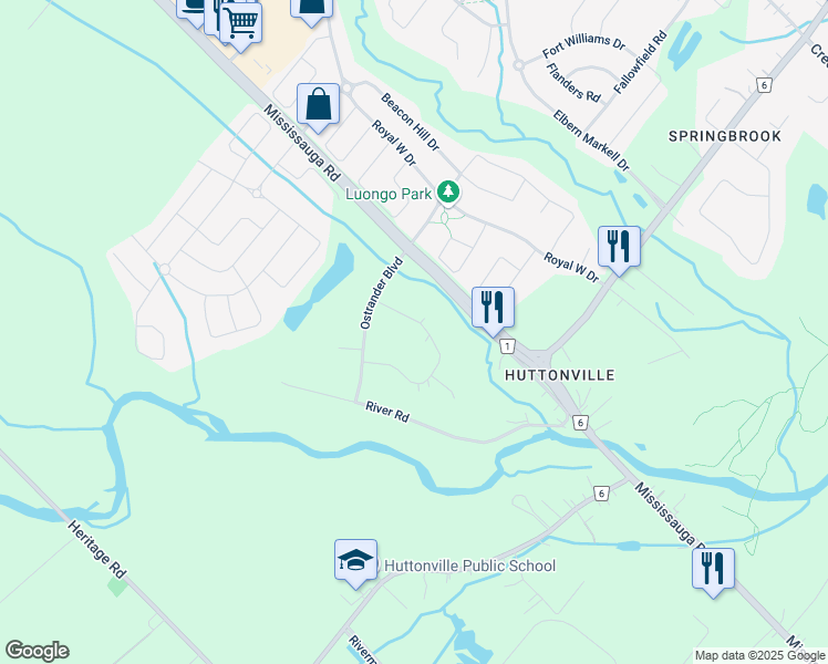 map of restaurants, bars, coffee shops, grocery stores, and more near 5 Huttonville Drive in Brampton