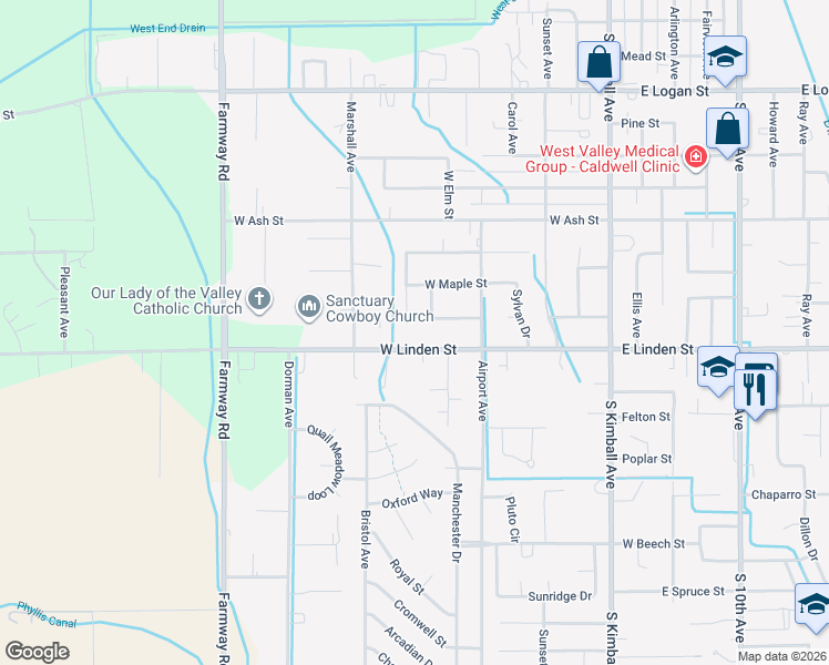 map of restaurants, bars, coffee shops, grocery stores, and more near 2324 Wood Springs Avenue in Caldwell