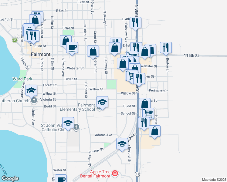 map of restaurants, bars, coffee shops, grocery stores, and more near 600 Highland Avenue in Fairmont