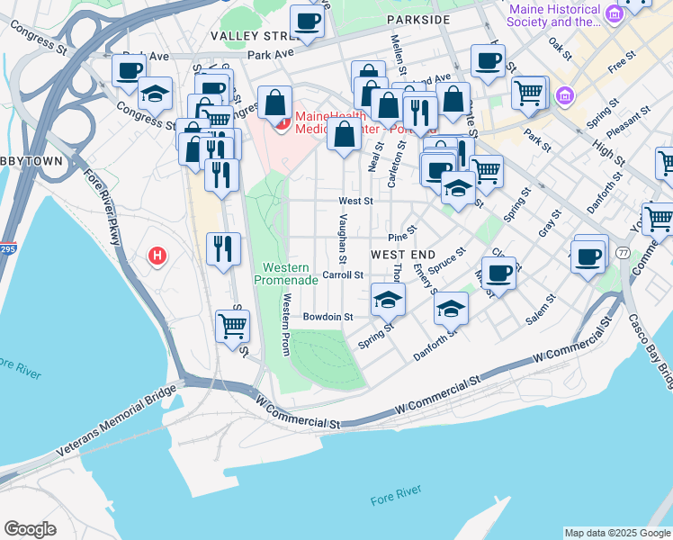 map of restaurants, bars, coffee shops, grocery stores, and more near 55 Carroll Street in Portland