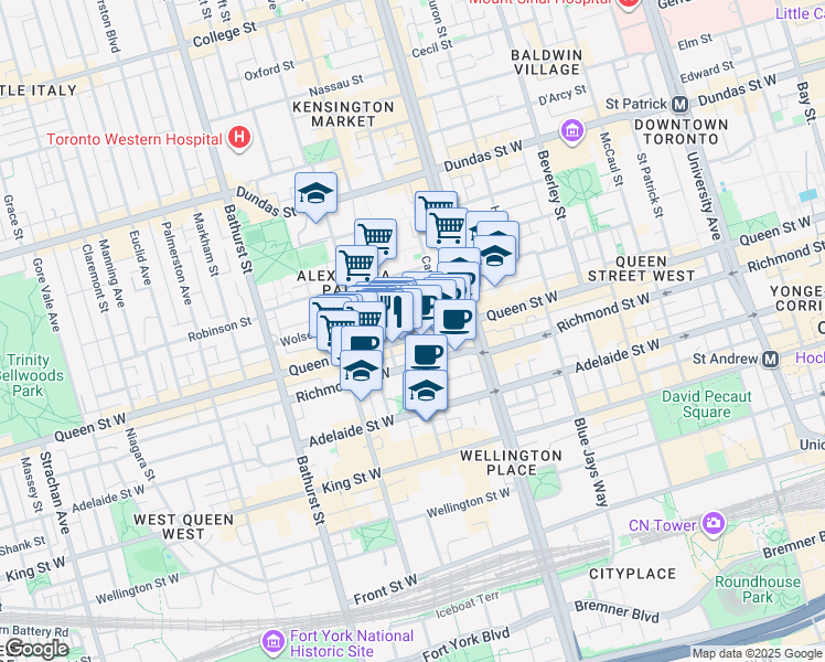 map of restaurants, bars, coffee shops, grocery stores, and more near 436 Queen Street West in Toronto