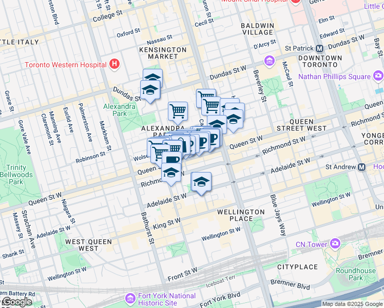 map of restaurants, bars, coffee shops, grocery stores, and more near 442 Queen Street West in Toronto