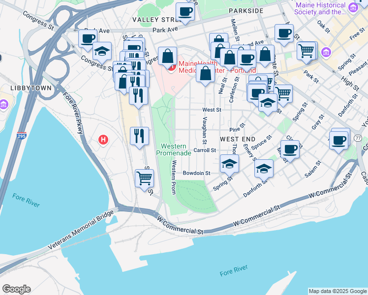 map of restaurants, bars, coffee shops, grocery stores, and more near 87 Carroll Street in Portland