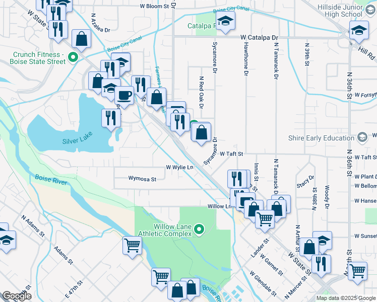 map of restaurants, bars, coffee shops, grocery stores, and more near 4630 W State St in Boise
