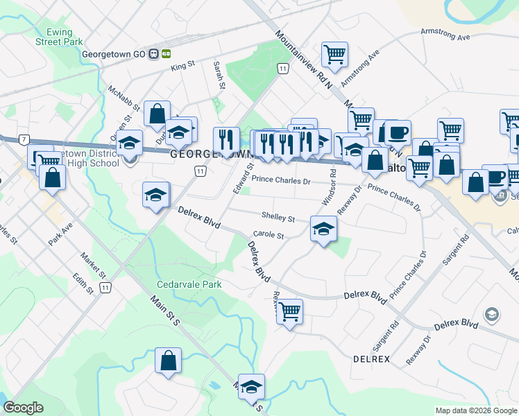 map of restaurants, bars, coffee shops, grocery stores, and more near 23 Shelley Street in Halton Hills