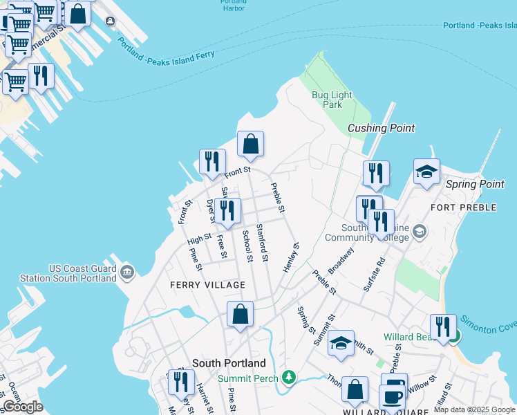 map of restaurants, bars, coffee shops, grocery stores, and more near 100 Stanford Street in South Portland