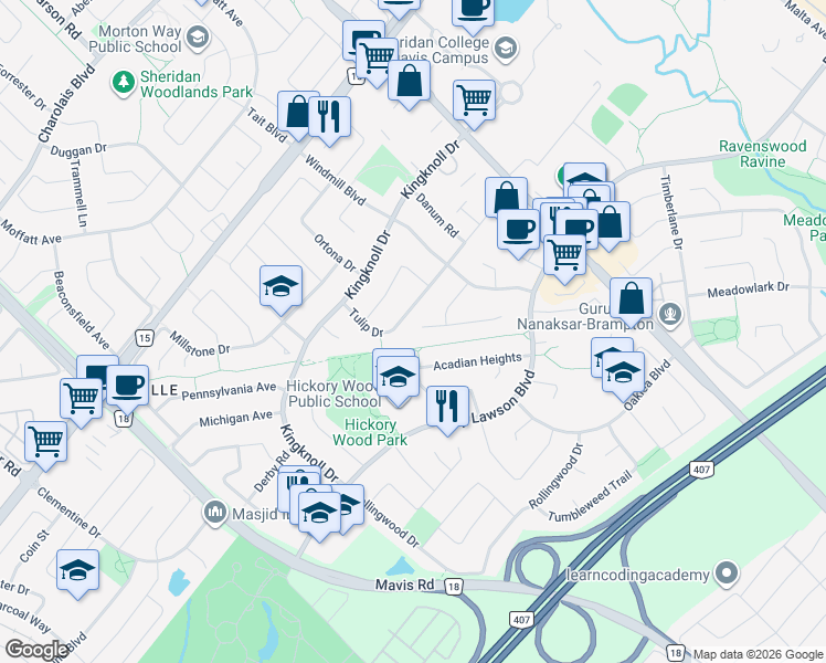 map of restaurants, bars, coffee shops, grocery stores, and more near 74 O'Hara Place in Brampton