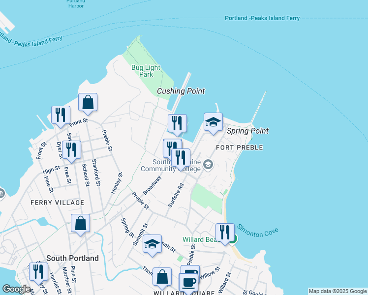 map of restaurants, bars, coffee shops, grocery stores, and more near 1 Cushing Court in South Portland