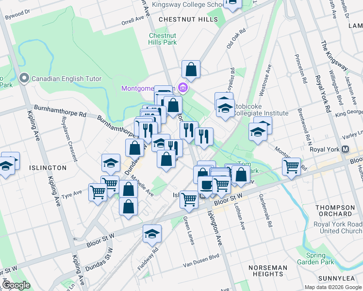 map of restaurants, bars, coffee shops, grocery stores, and more near in Toronto