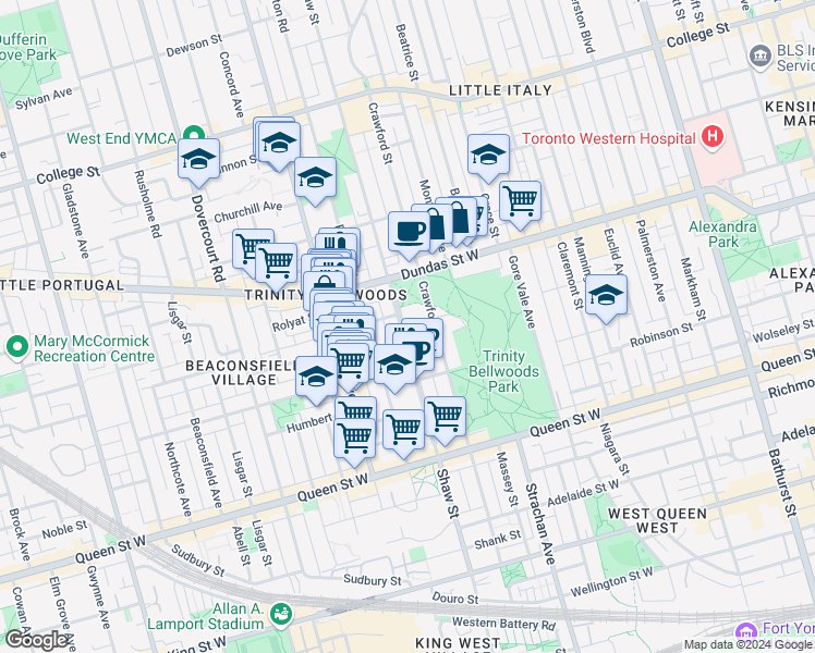 map of restaurants, bars, coffee shops, grocery stores, and more near 243 Shaw Street in Toronto