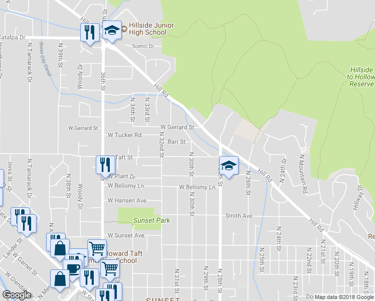 map of restaurants, bars, coffee shops, grocery stores, and more near 3115 North 30th Street in Boise