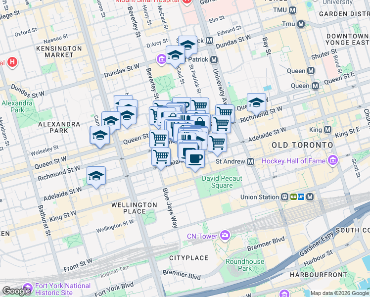 map of restaurants, bars, coffee shops, grocery stores, and more near 69 Nelson Street in Toronto