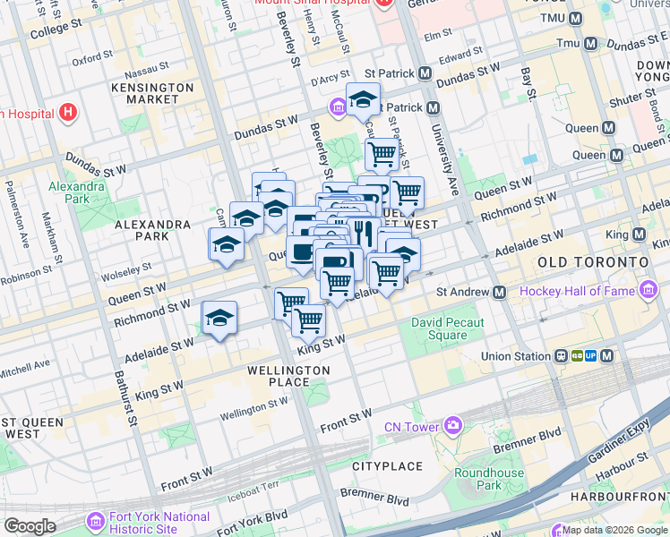 map of restaurants, bars, coffee shops, grocery stores, and more near 125 Peter Street in Toronto