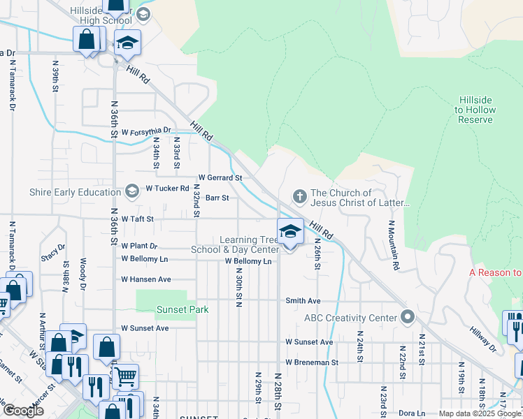 map of restaurants, bars, coffee shops, grocery stores, and more near 3110 North Treasure Drive in Boise