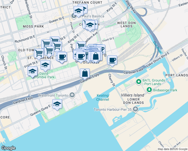 map of restaurants, bars, coffee shops, grocery stores, and more near 287 Lower Don Recreation Trail in Toronto