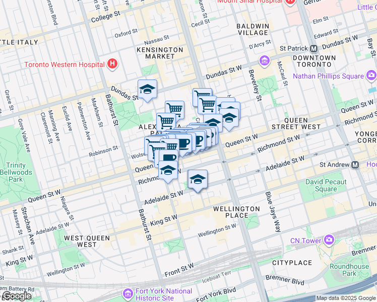 map of restaurants, bars, coffee shops, grocery stores, and more near 442 Queen Street West in Toronto
