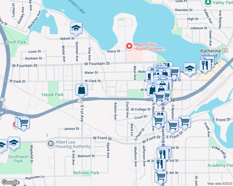 map of restaurants, bars, coffee shops, grocery stores, and more near 263 Adams Avenue in Albert Lea