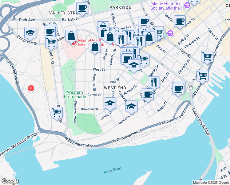 map of restaurants, bars, coffee shops, grocery stores, and more near 47 Thomas Street in Portland