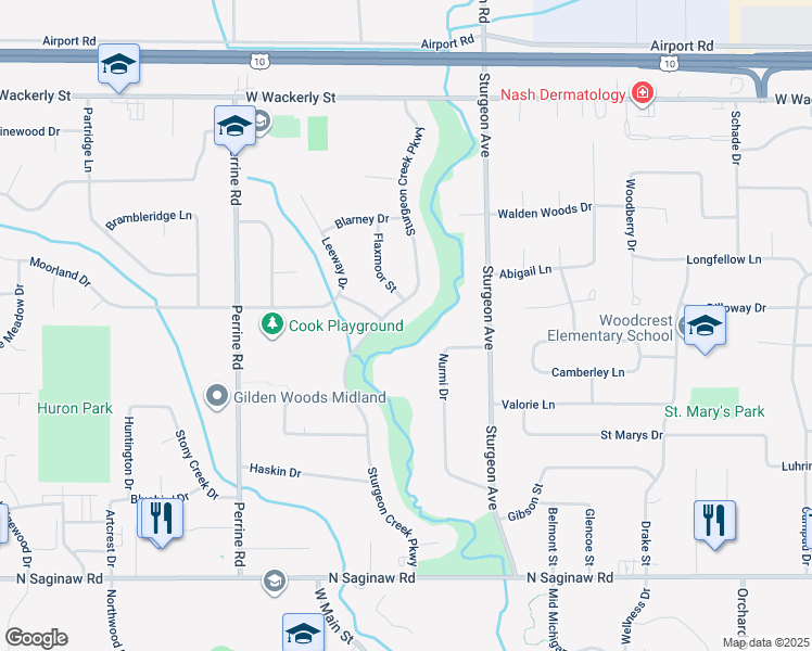 map of restaurants, bars, coffee shops, grocery stores, and more near 5500 Sturgeon Creek Parkway in Midland