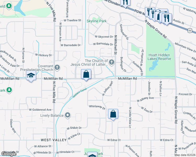 map of restaurants, bars, coffee shops, grocery stores, and more near 10009 West McMillan Road in Boise