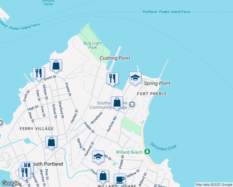 map of restaurants, bars, coffee shops, grocery stores, and more near 1 Cushing Court in South Portland