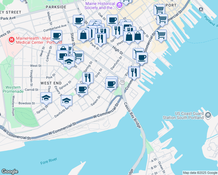 map of restaurants, bars, coffee shops, grocery stores, and more near 231 York Street in Portland