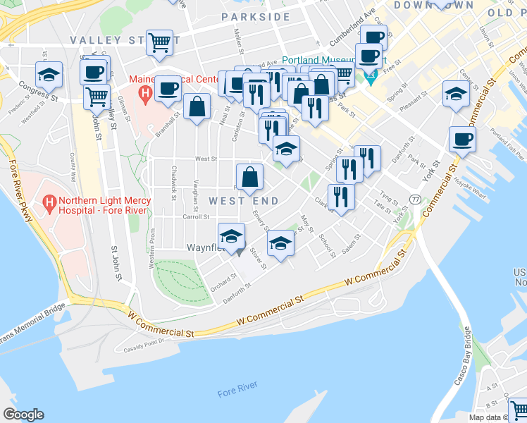 map of restaurants, bars, coffee shops, grocery stores, and more near 83 Spruce Street in Portland