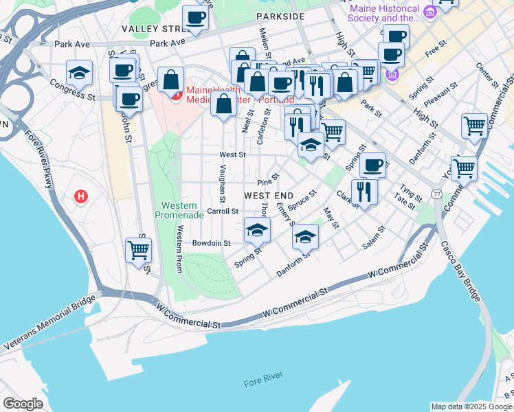 map of restaurants, bars, coffee shops, grocery stores, and more near 47 Thomas Street in Portland